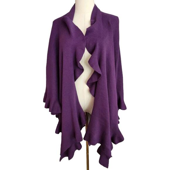 NWT Coldwater Creek Deep Purple Cascading Ruffled Wrap Shawl Sweater OSFM S M L - Picture 1 of 4